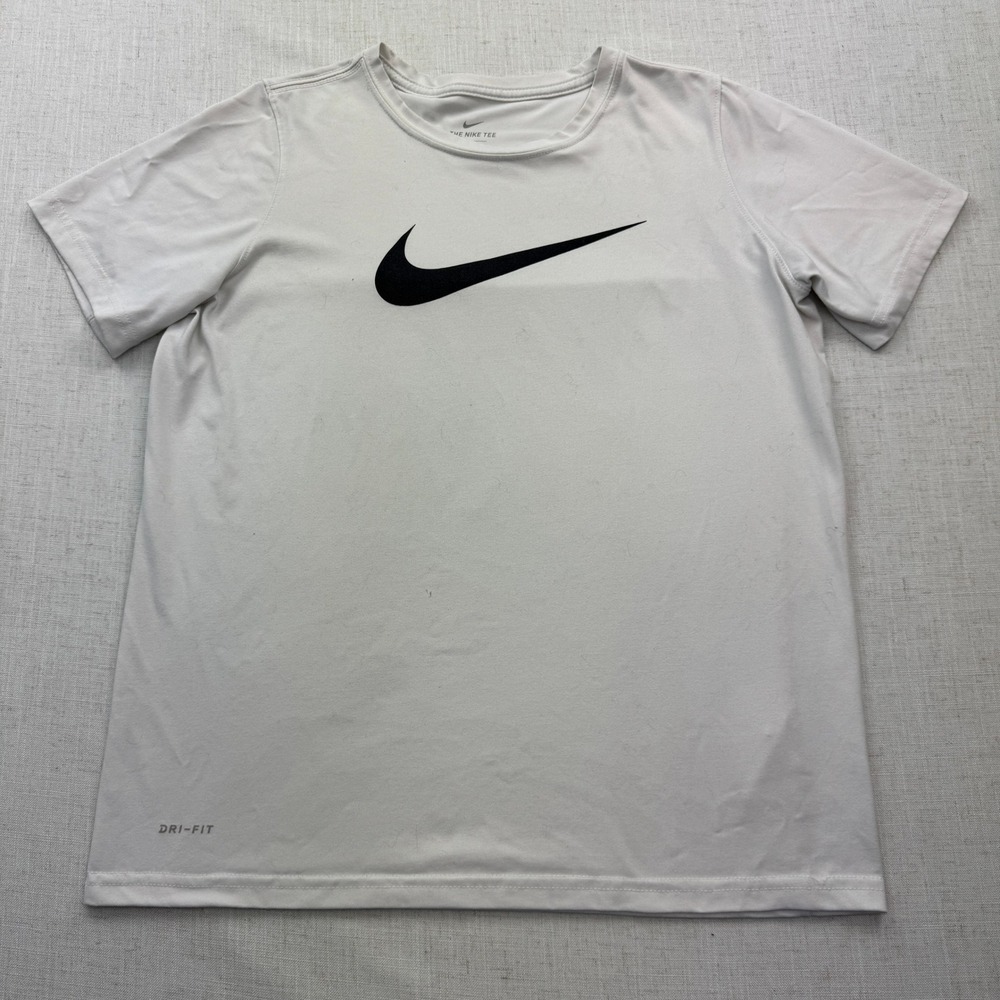 Nike Dri-FIT T-Shirt Women Large White Short Sleeve Swoosh Graphic Activewear
